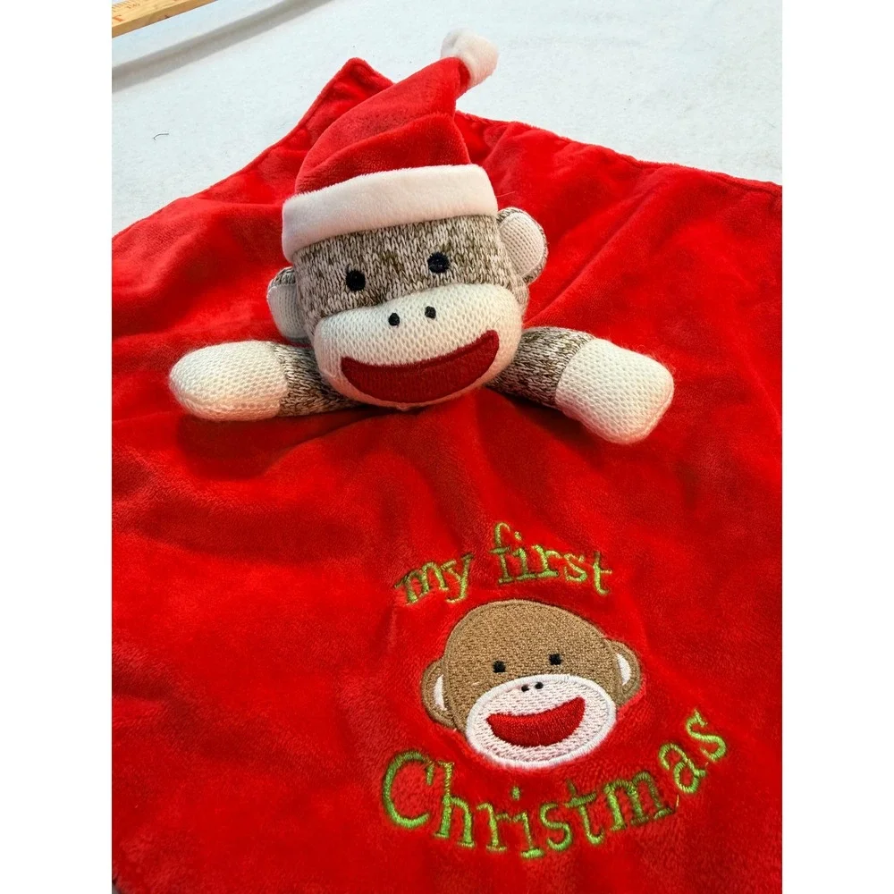 My First Christmas Sock Monkey Baby Security Blanket Red Plush Lovey Santa Hat
